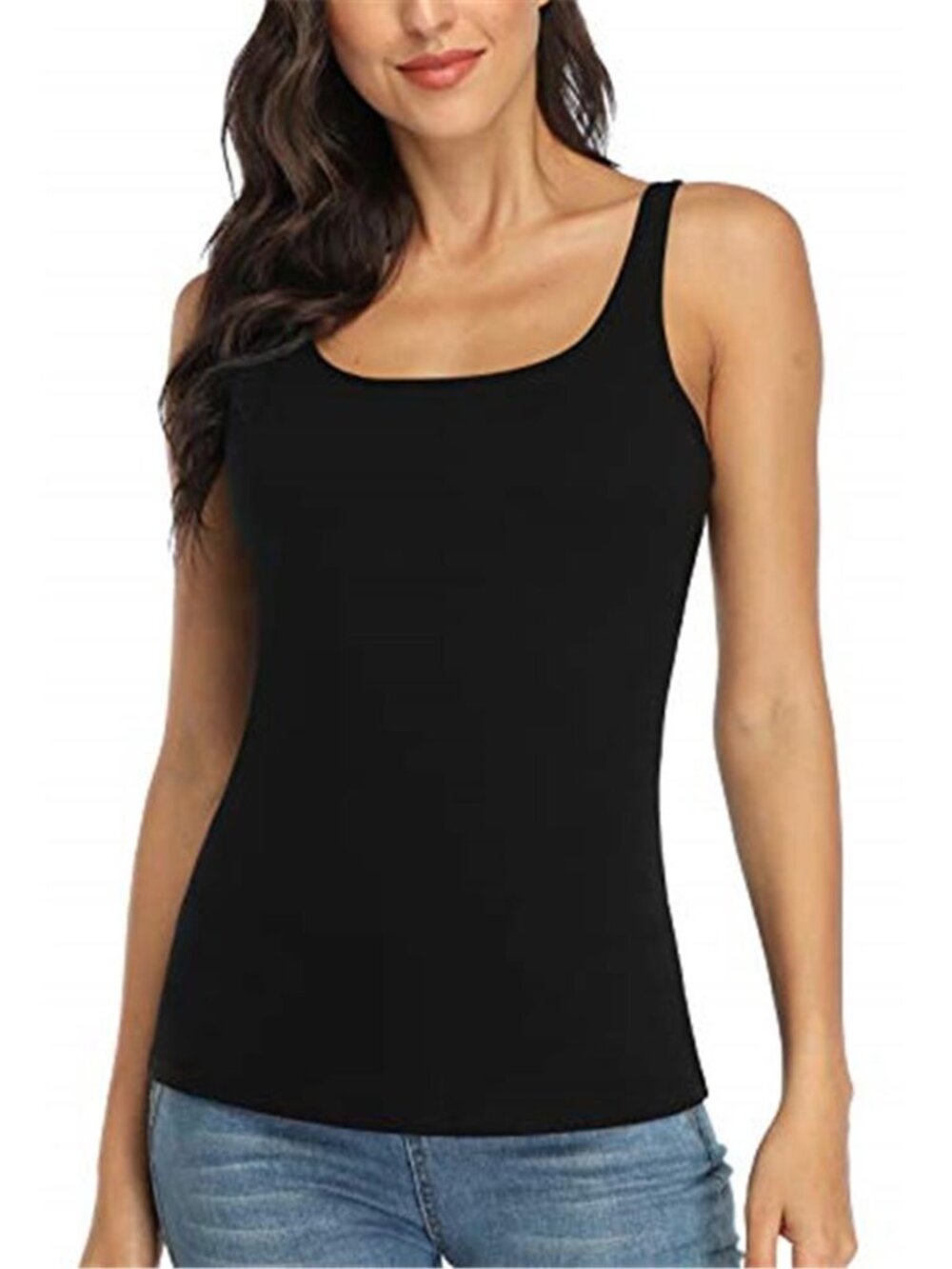 Black Cotton Tank Top Shelf Bra Wide Strap Fitted Camisole Cami